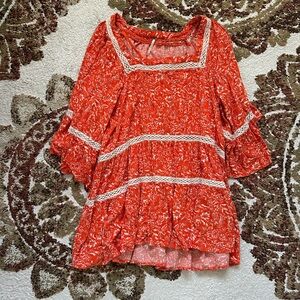 Free People Orange Floral Blouse with Lace Trim
